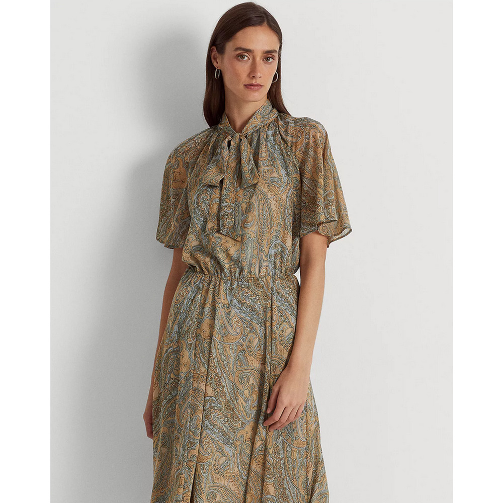 Lauren Ralph Lauren Paisley Crinkle Georgette Tie-Neck Dress Multi Size 10 1802 - Picture 4 of 4
